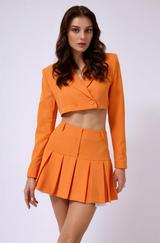 Pileli Etek Crop Ceket Takım