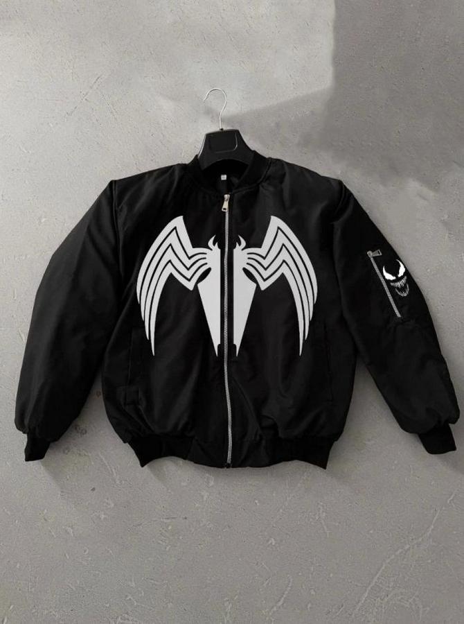 Tam Fermuarlı Uzun Kol Baskılı Bomber Ceket