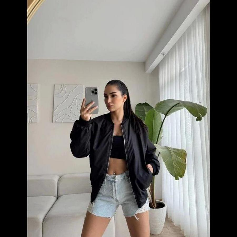 Unisex Içi Astarlı Düz Bomber Ceket