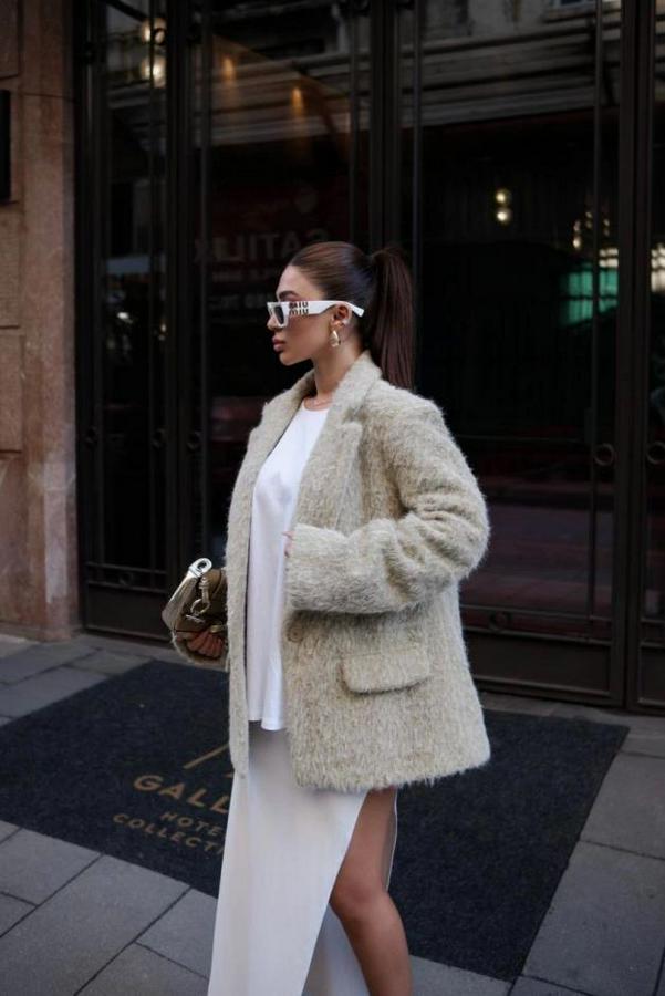 Yün Keçe Görünümlü Blazer Ceket Kaban- Çimen Yeşili