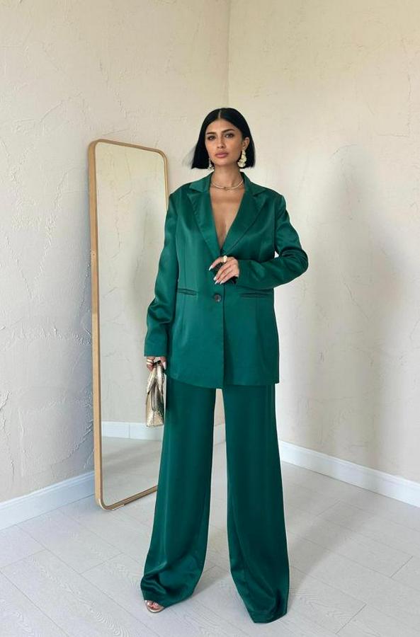 Zümrüt Saten Ceket Ve Pantolon Takım