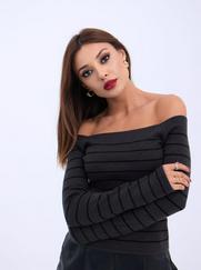 Triko Çizgili Kayik Yaka Crop-Antrasit-Siyah