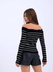 Triko Çizgili Kayik Yaka Crop-Siyah-Ekru