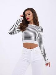 Triko Çizgili Crop-Ekru-Siyah