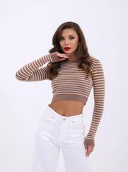 Triko Çizgili Crop-Vizon-Krem