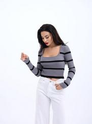 Triko Çizgili Fitilli Crop-Gri-Siyah