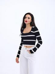 Triko Çizgili Fitilli Crop-Siyah-Ekru