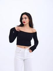 Triko Kayik Yaka Crop-Siyah