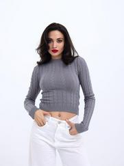 Triko Saç Örgü Crop Kazak-Gri
