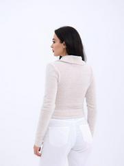 Triko Simli Yakali Crop-Ekru