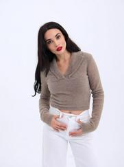 Triko Simli Yakali Crop-Kahve