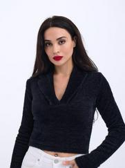 Triko Simli Yakali Crop-Siyah