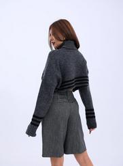 Triko Çizgili Balikçi Crop-Antrasit-Siyah