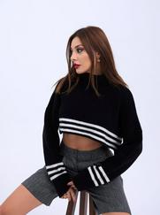 Triko Çizgili Balikçi Crop-Siyah-Ekru