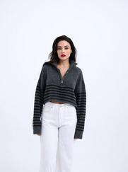 Triko Çizgili Fermuarli Crop-Antrasit-Siyah