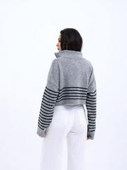 Triko Çizgili Fermuarli Crop-Gri-Siyah