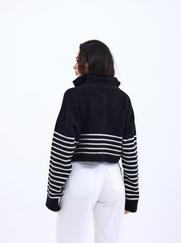 Triko Çizgili Fermuarli Crop-Siyah-Ekru