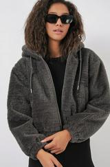 Kapüşonlu Peluş Crop Ceket