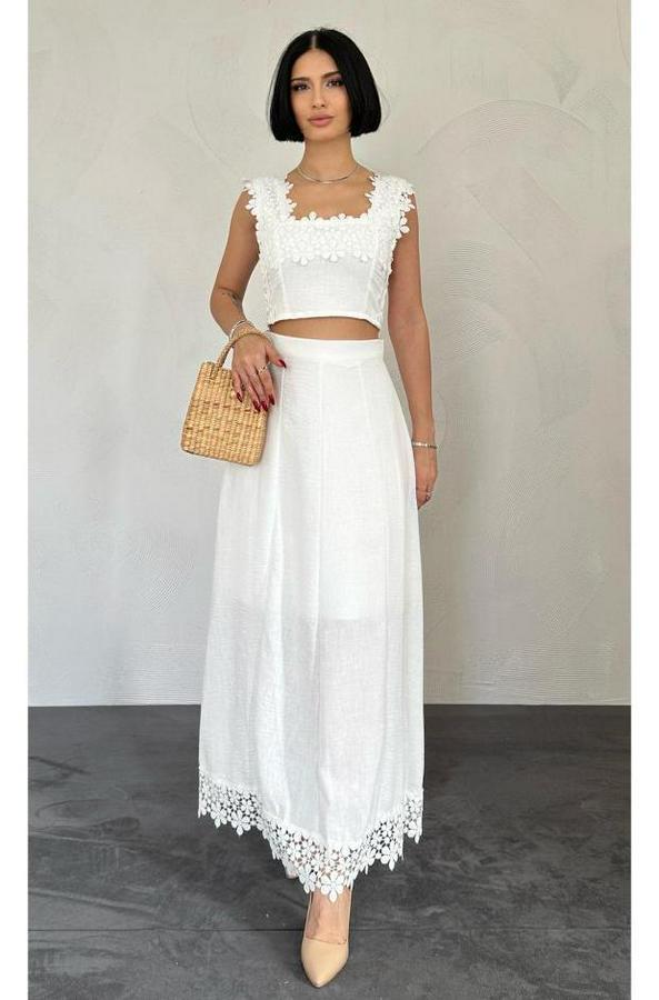 Beyaz Güpürlü Crop Ve Etek Takım