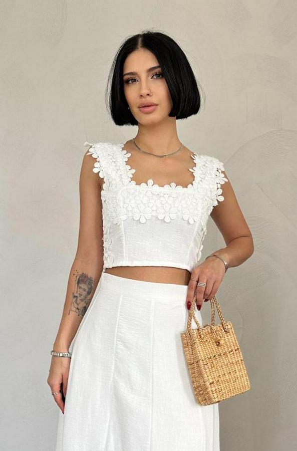 Beyaz Güpürlü Crop Ve Etek Takım