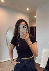 Bisiklet Yaka Kısa Kollu Nakışlı Crop