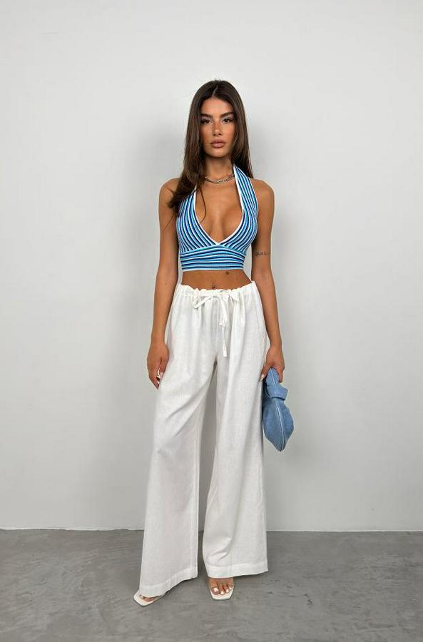 Çizgili Boyun Bağlamalı Crop