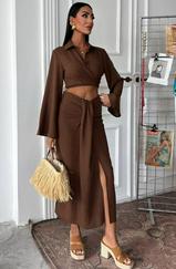 Crop Gömlekli Ve Eteği Büzgülü Tasarım Takım 10195