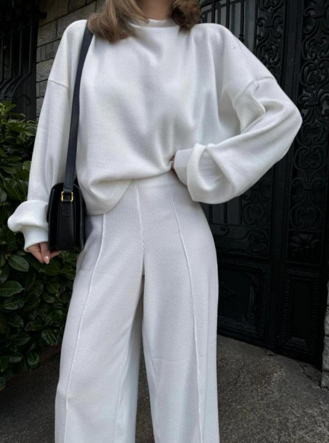 Crop, Pantolon Fitilli Ikili Takım -Beyaz