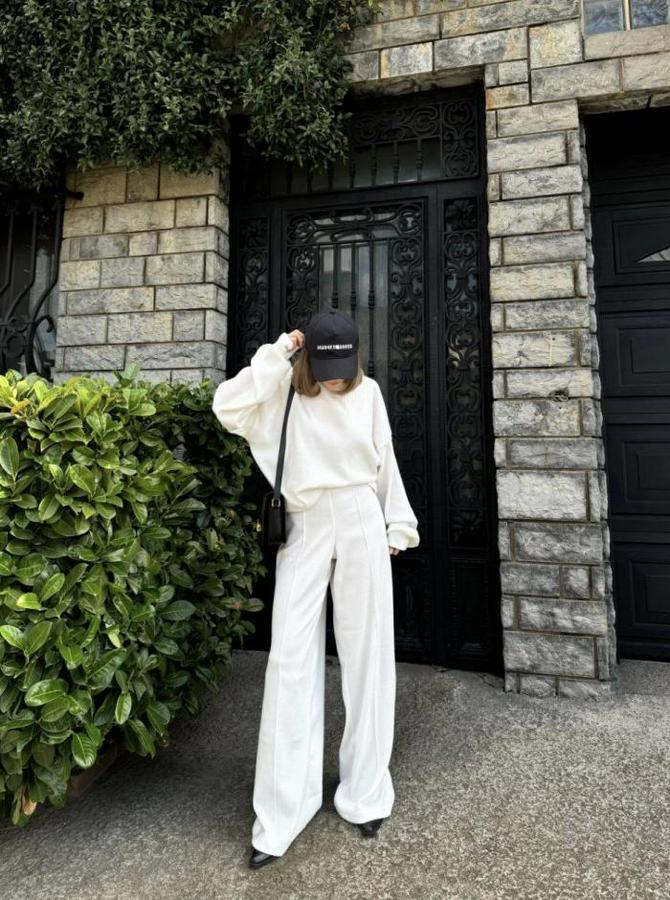 Crop, Pantolon Fitilli Ikili Takım -Beyaz