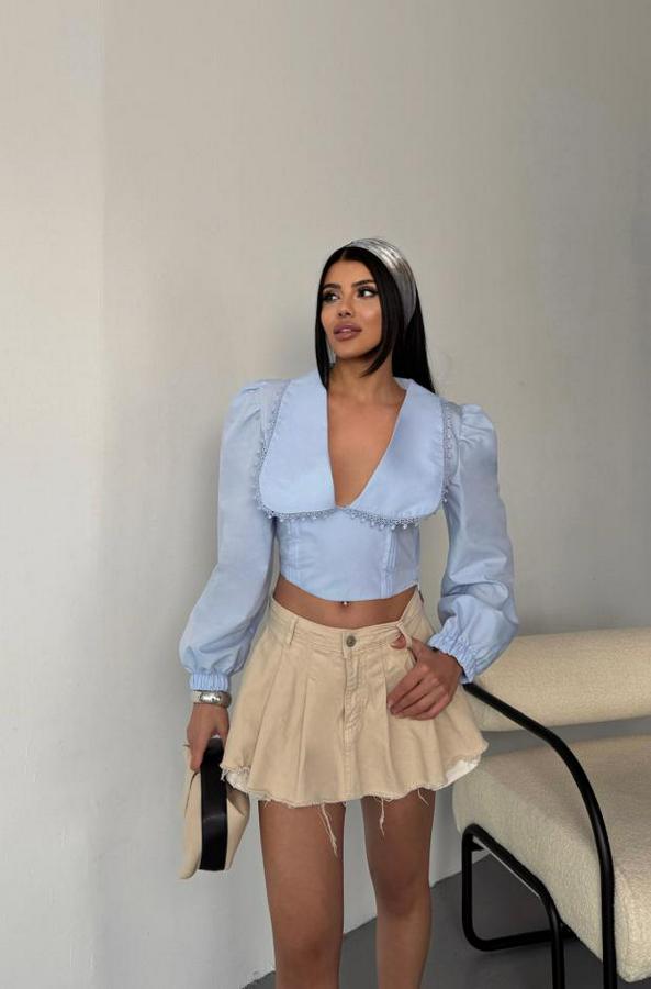 Crop Poplin Gömlek Yaka Kenar Dantel Detayli