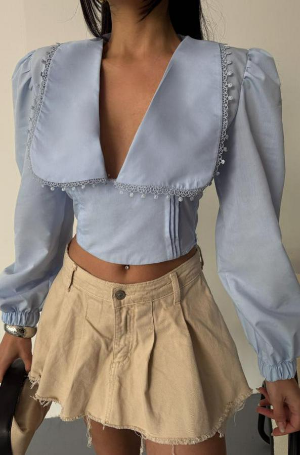 Crop Poplin Gömlek Yaka Kenar Dantel Detayli