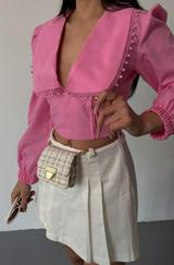 Crop Poplin Gömlek Yaka Kenar Dantel Detayli