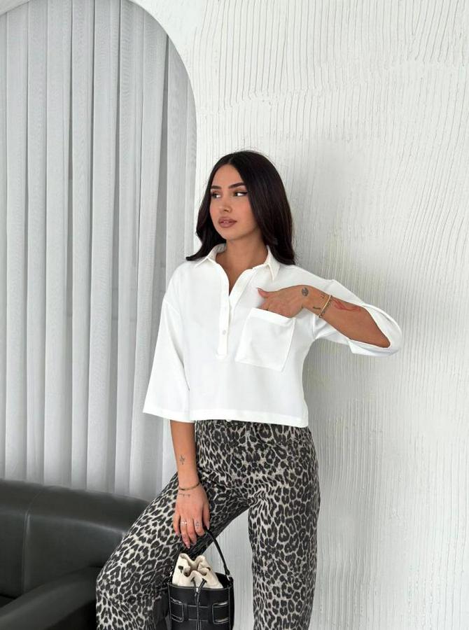 Crop Yakalı Gömlek Üç Çeyrek Sleeve Kol