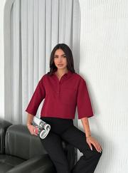 Crop Yakalı Gömlek Üç Çeyrek Sleeve Kol