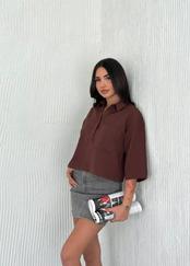 Crop Yakalı Gömlek Üç Çeyrek Sleeve Kol