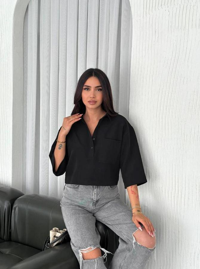 Crop Yakalı Gömlek Üç Çeyrek Sleeve Kol