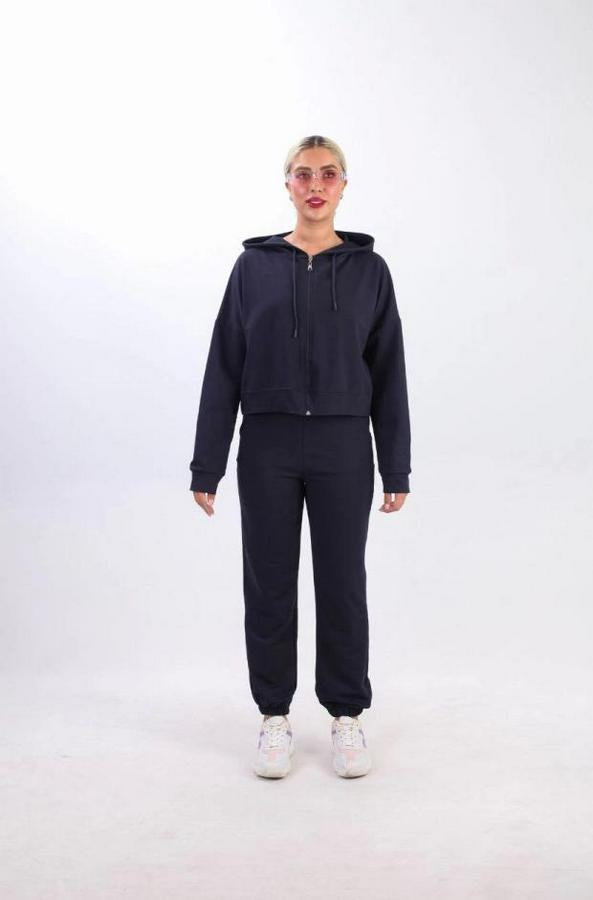Iki Iplik Kapüşonlu Fermuarlı Crop Oversize Hırka Takım- Lacivert