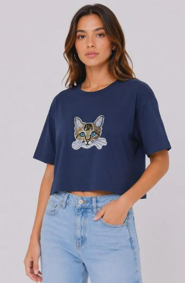 Kedi Baskılı Oversize Crop Tişört Salaş Basic Yarım Kol T-Shirt