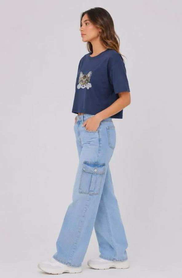 Kedi Baskılı Oversize Crop Tişört Salaş Basic Yarım Kol T-Shirt