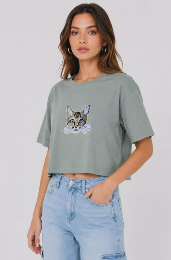 Kedi Baskılı Oversize Crop Tişört Salaş Basic Yarım Kol T-Shirt