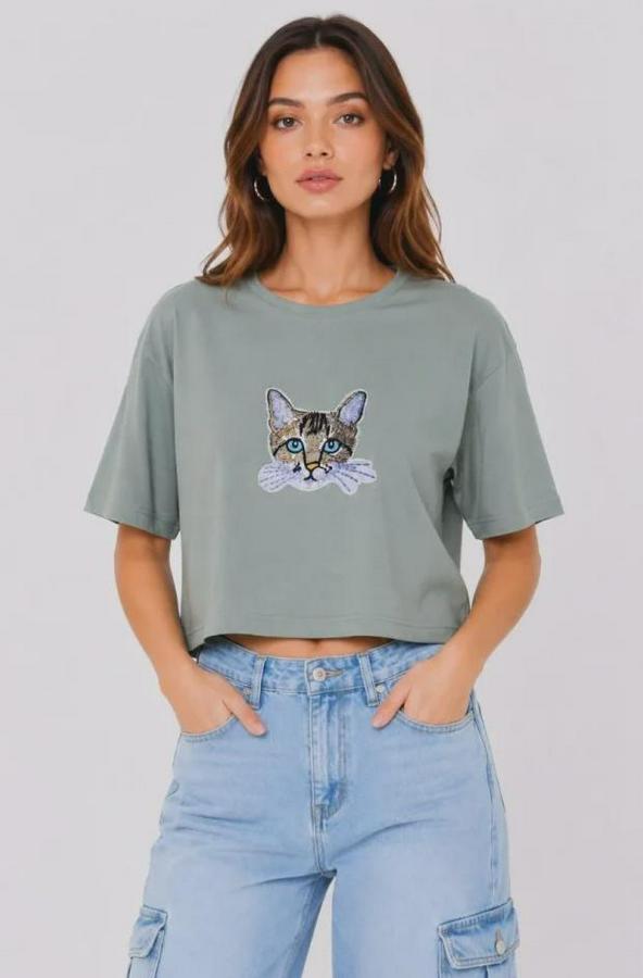 Kedi Baskılı Oversize Crop Tişört Salaş Basic Yarım Kol T-Shirt