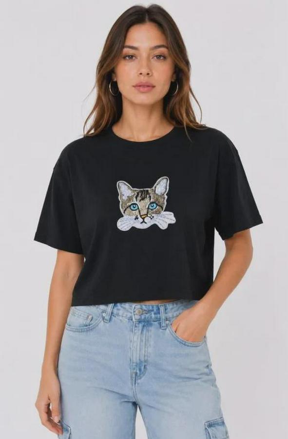 Kedi Baskılı Oversize Crop Tişört Salaş Basic Yarım Kol T-Shirt