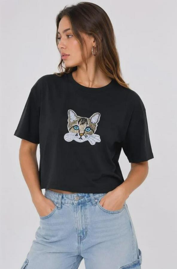 Kedi Baskılı Oversize Crop Tişört Salaş Basic Yarım Kol T-Shirt