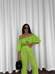 Keten Crop Bluz Büzgü Yaka + Pantolon Takim