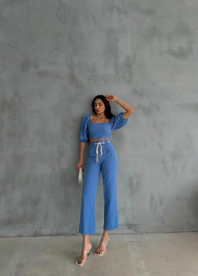 Keten Crop Karpuz Kol Bluz-Pantolon Hasir Kemerli