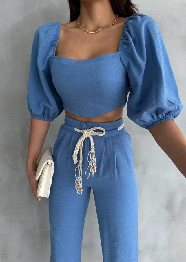 Keten Crop Karpuz Kol Bluz-Pantolon Hasir Kemerli