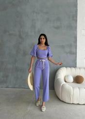 Keten Crop Karpuz Kol Bluz-Pantolon Hasir Kemerli