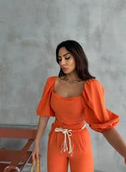 Keten Crop Karpuz Kol Bluz-Pantolon Hasir Kemerli