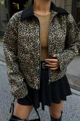 Leopar Desen Crop Ceket Gabardin