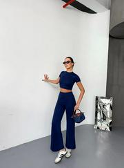 Osy Modal Yumuşak Dokulu Kumaş Kısa Kollu Crop Alt Ispanyol Paça Pantalon Ikili Takım